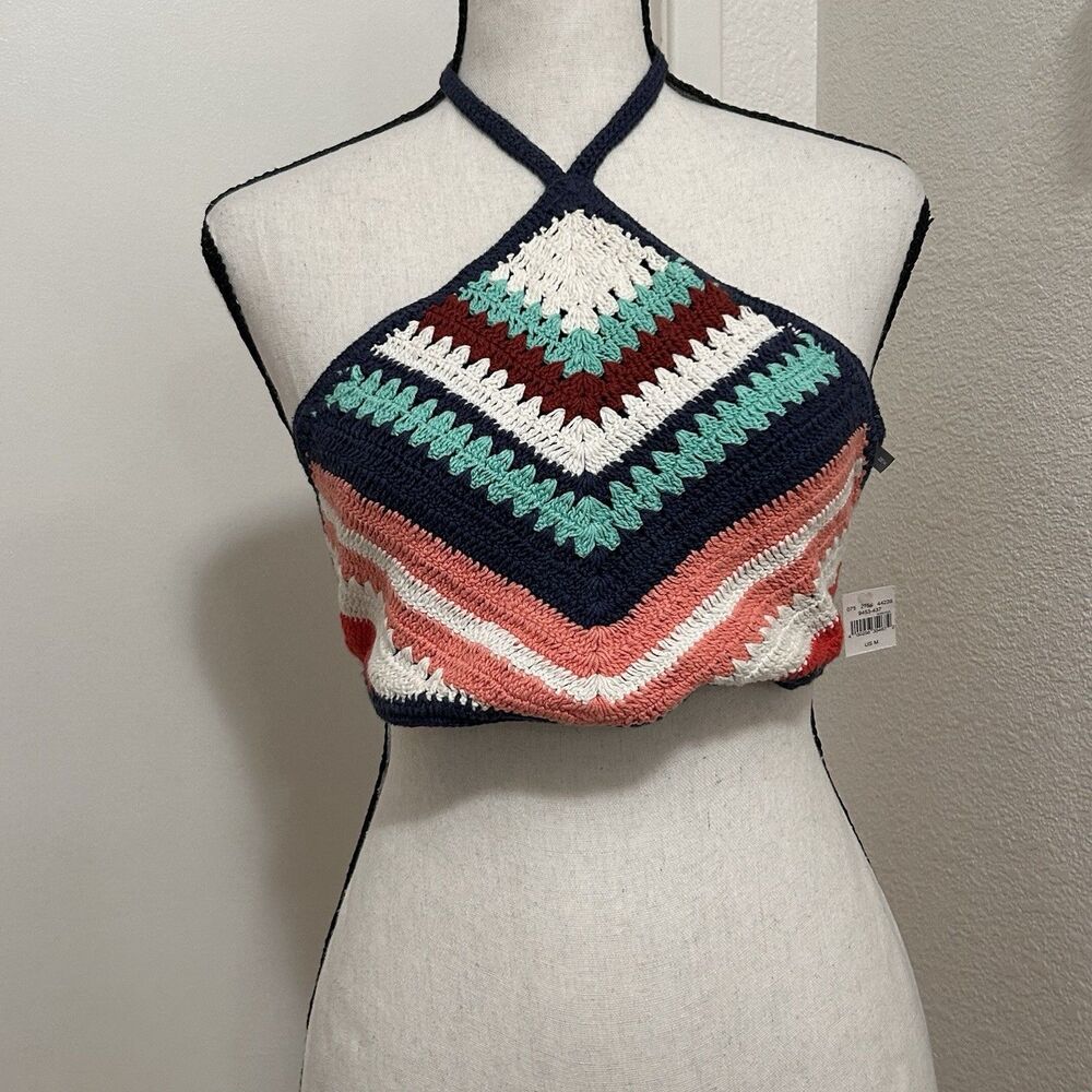 NWT Aerie Crochet Chevron Bikini Swim Top M Cotton Halter Neck Tassel Open Back